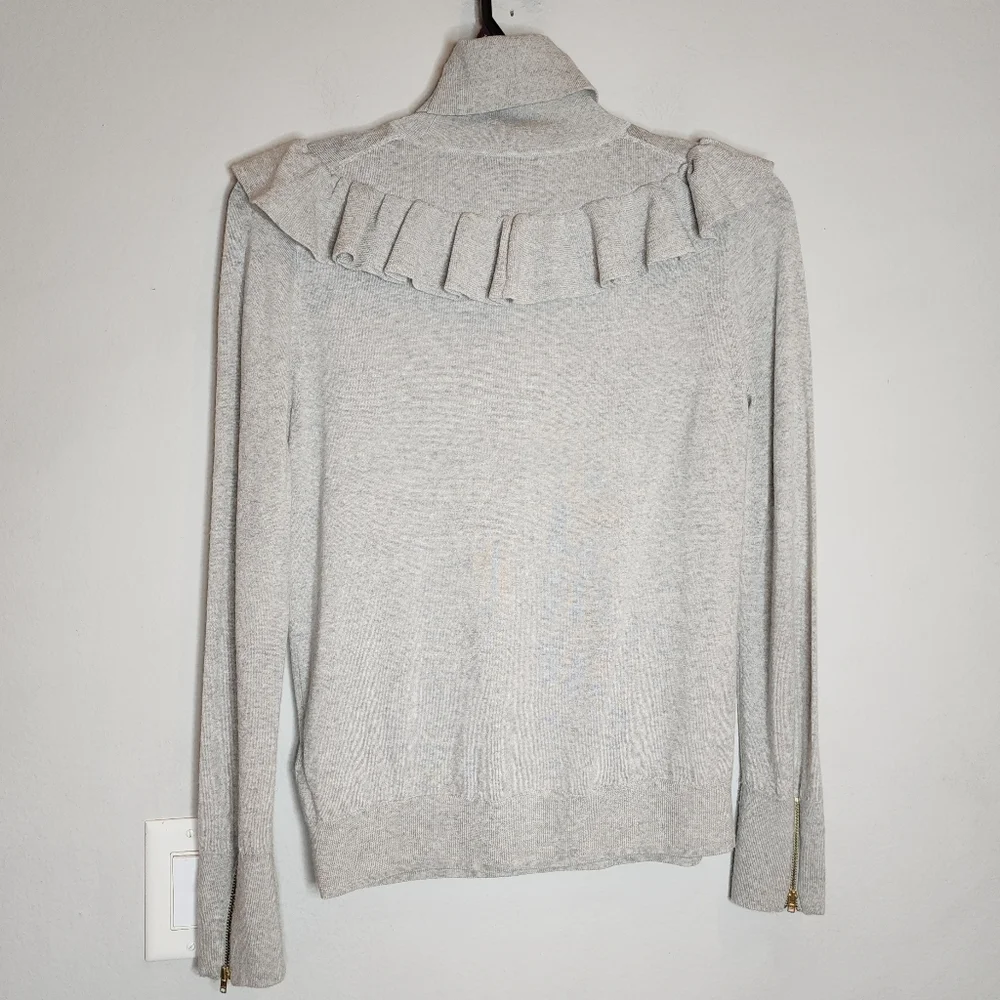 J. Crew Merino Wool Grey Turtleneck Ruffle Sweater Zip‎ Cuffs Size Medium